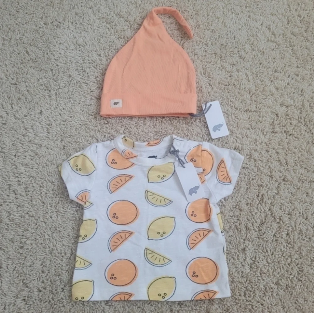 NWT Monica + Andy Organic Cotton Hat & Shirt Set 3-6 months Citrus Girl Summer